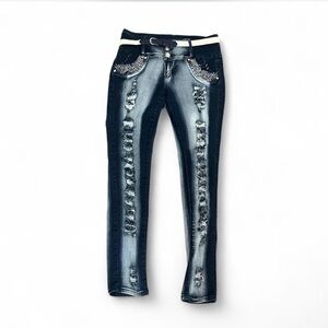 Women’s Skinny Distressed Dark Blue Jeans with Decorative Pocket Detail